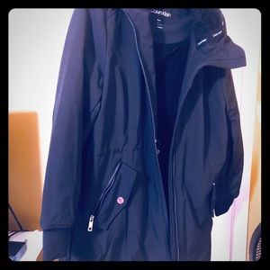 Calvin Klein hooded black fur lined coat